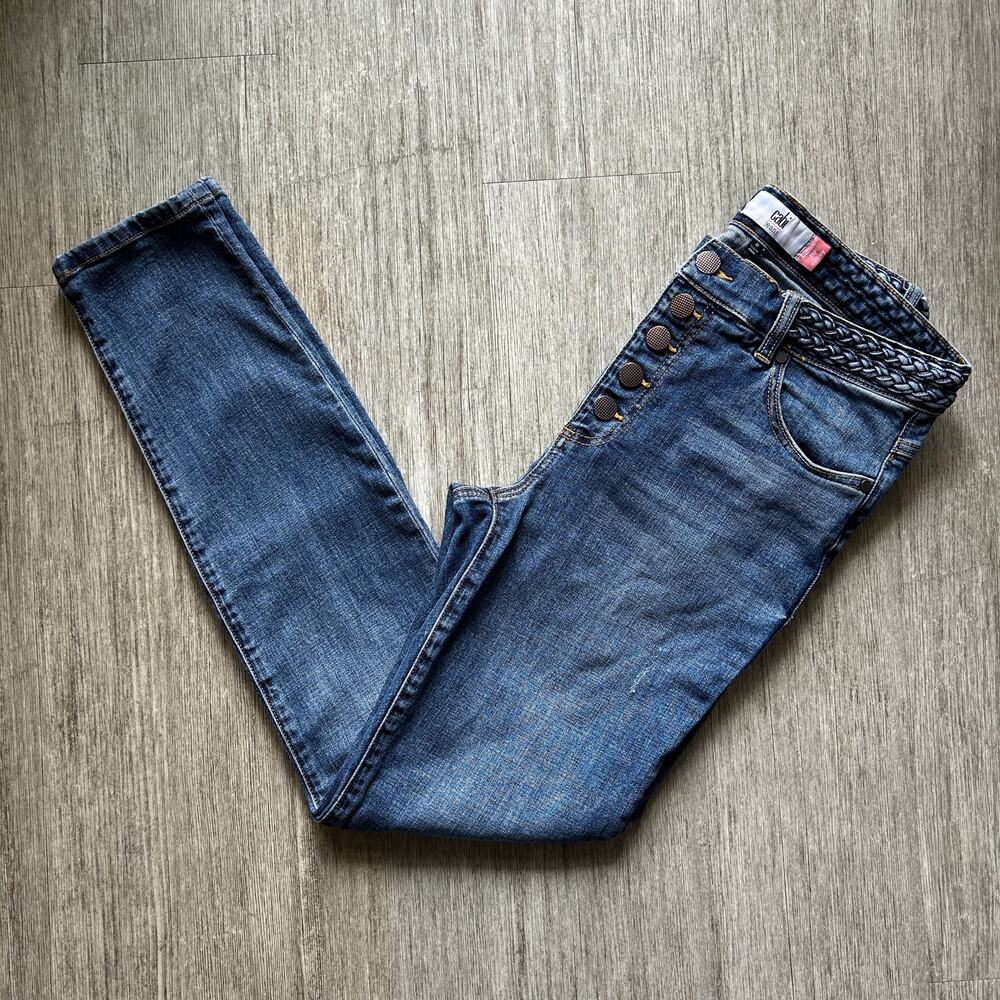 CAbi Medium Wash Mid Rise Braided Waistband Button Fly Skinny Denim Jeans Size 8
